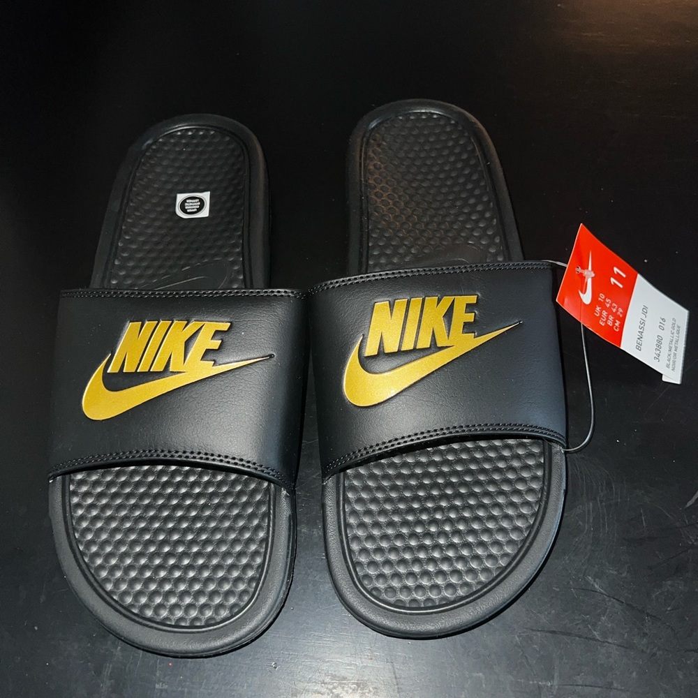 Nike Benassi JDI Black & Gold Slides Pool Shower Sandals 343880-016 Men’s 11